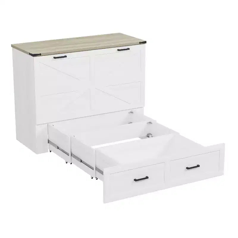 Letto a scomparsa Murphy grigio/bianco con cassetto e stazione di ricarica, piazza e mezzo/matrimoniale, per 1-2 persone