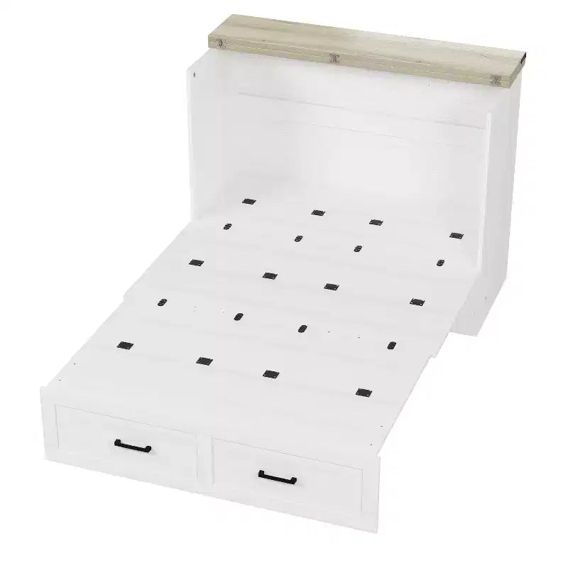 Letto a scomparsa Murphy grigio/bianco con cassetto e stazione di ricarica, piazza e mezzo/matrimoniale, per 1-2 persone