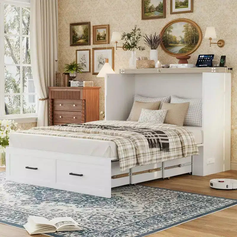 Letto a scomparsa Murphy grigio/bianco con cassetto e stazione di ricarica, piazza e mezzo/matrimoniale, per 1-2 persone