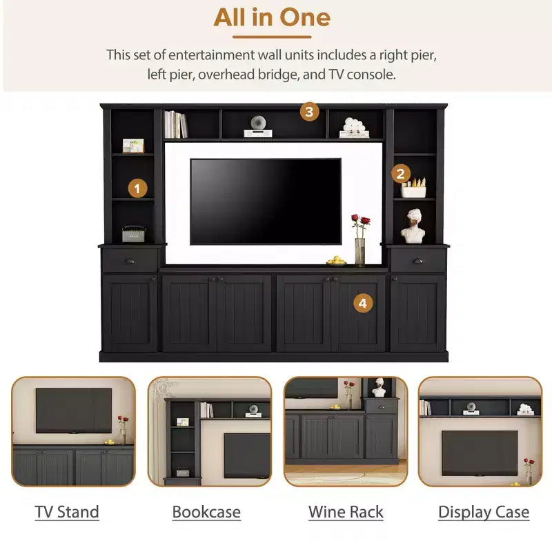 Mobile TV/Libreria Bianco/Nero con Ponte, Porta TV e Mensole, Adatto a TV fino a 75", Montaggio per 2 Persone