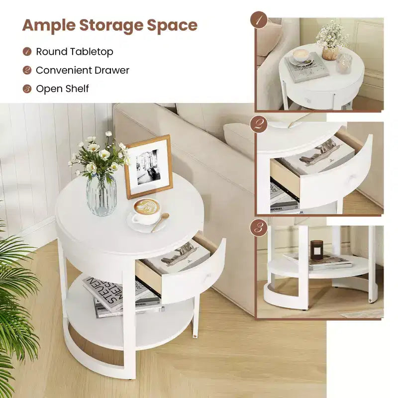 Comodino rotondo a 2 livelli bianco/marrone con cassetto e ripiano