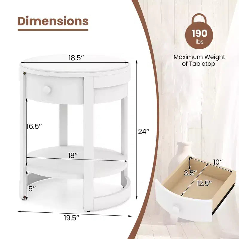 Comodino rotondo a 2 livelli bianco/marrone con cassetto e ripiano