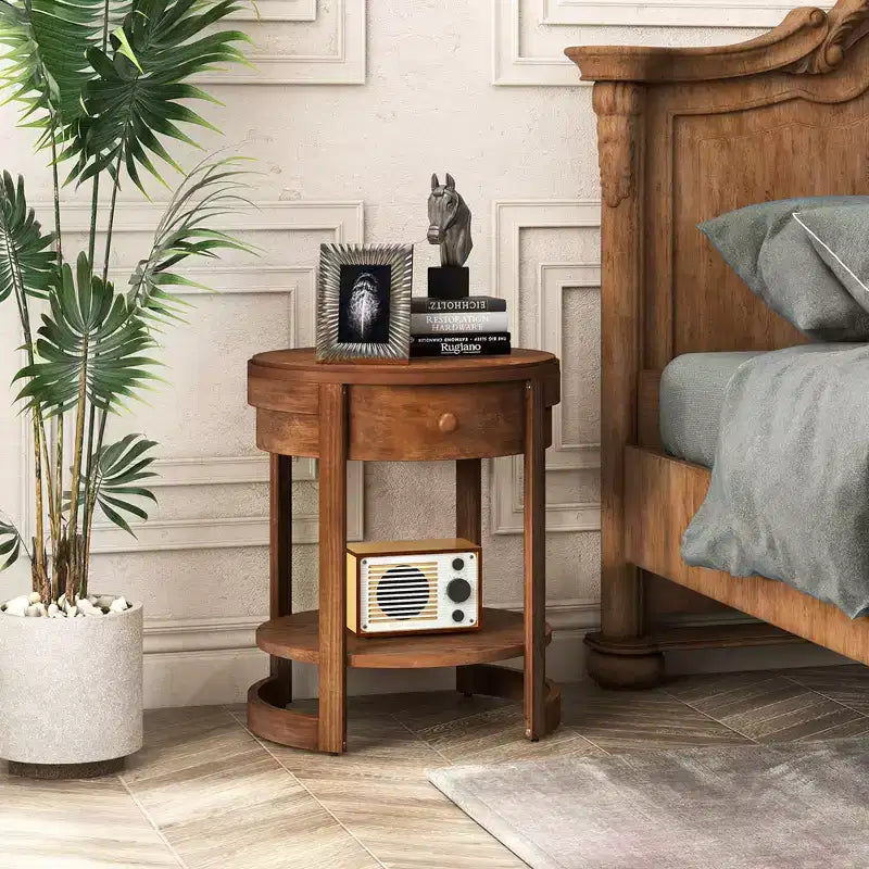 Comodino rotondo a 2 livelli bianco/marrone con cassetto e ripiano