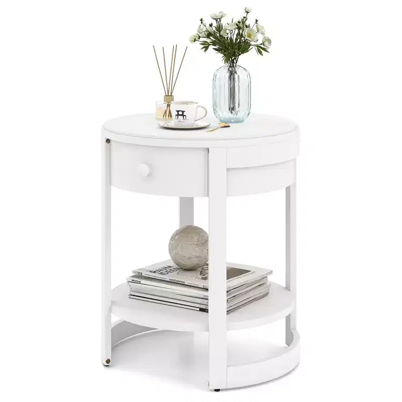 Comodino rotondo a 2 livelli bianco/marrone con cassetto e ripiano