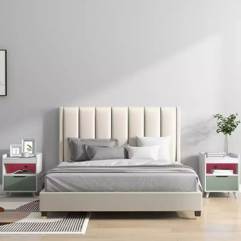 Comodino Bianco con Luci LED RGB, Vano Aperto e Cassetto