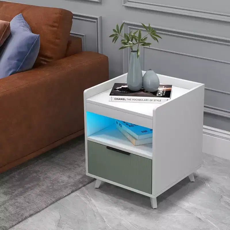 Comodino Bianco con Luci LED RGB, Vano Aperto e Cassetto