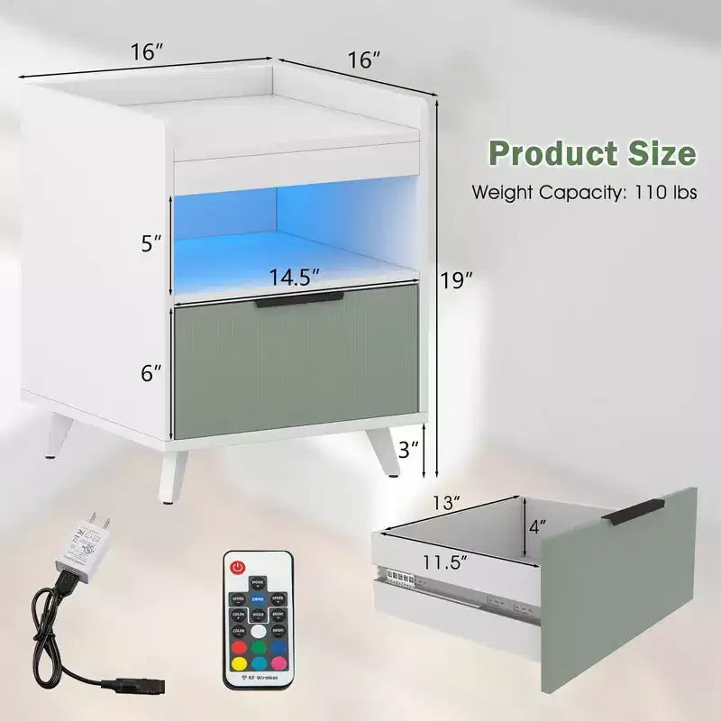 Comodino Bianco con Luci LED RGB, Vano Aperto e Cassetto