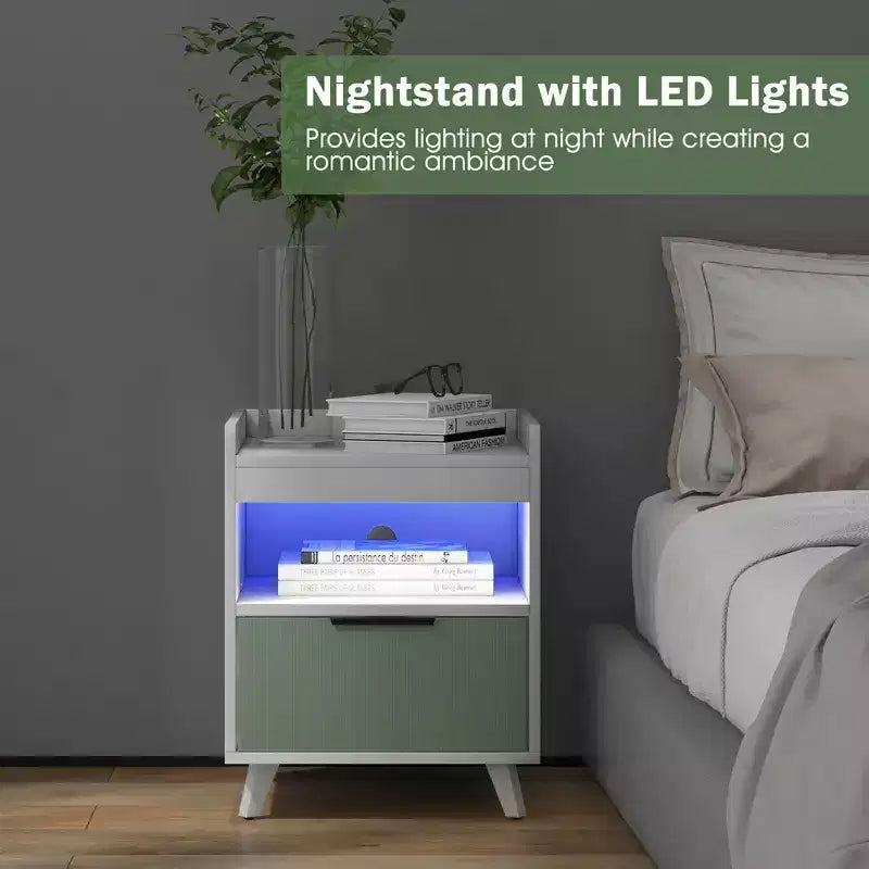Comodino Bianco con Luci LED RGB, Vano Aperto e Cassetto