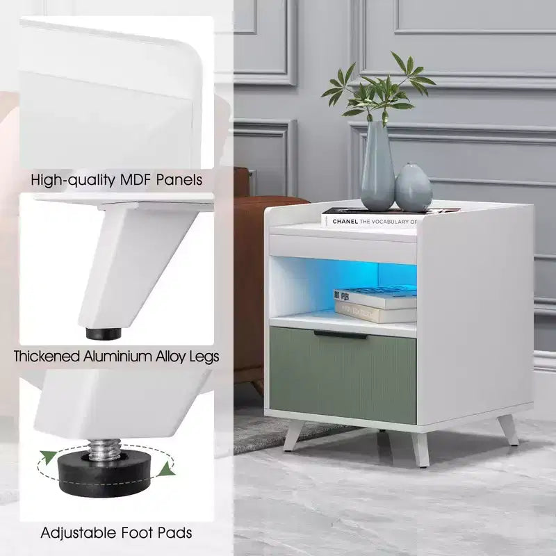 Comodino Bianco con Luci LED RGB, Vano Aperto e Cassetto