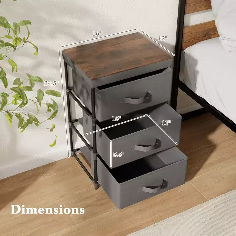 Comodino cassettiera in tessuto a 3 cassetti grigio e marrone rustico, 1–2 unità