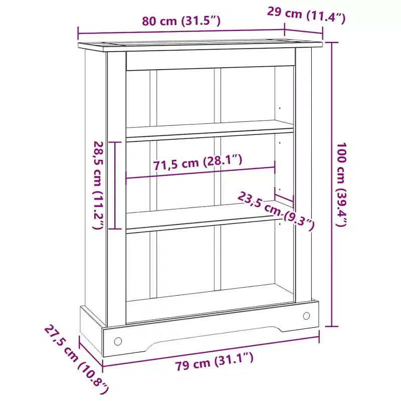 Libreria in legno di pino marrone, 4 ripiani, montaggio per 1 persona, altezze multiple