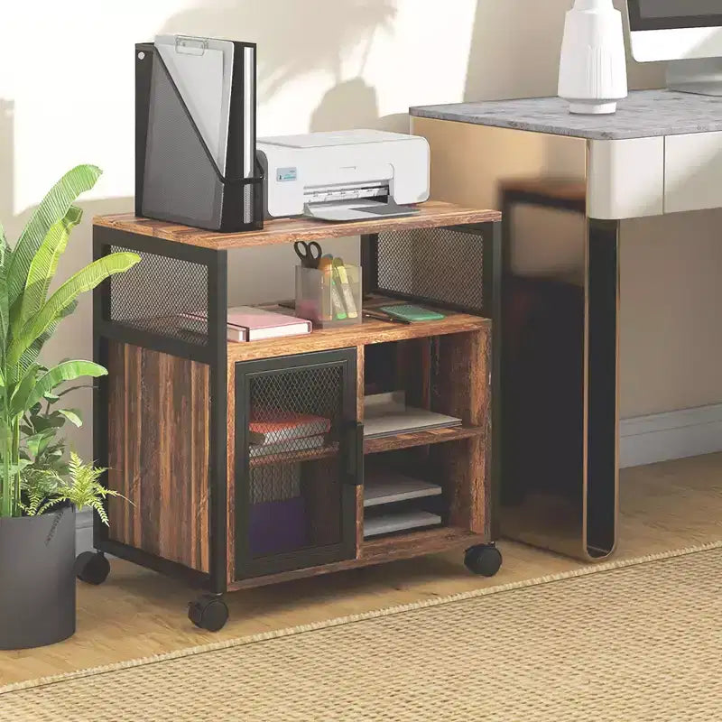 Supporto per stampante industriale marrone rustico e nero con ruote, prese USB e AC, uso per 1 persona