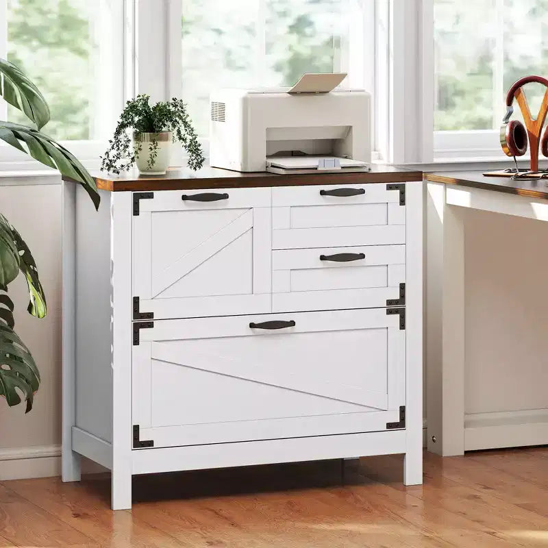 Armadio Classificatore Laterale a 4 Cassetti Stile Fattoria con Venature del Legno Nero