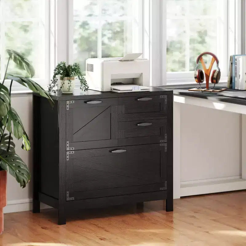 Armadio Classificatore Laterale a 4 Cassetti Stile Fattoria con Venature del Legno Nero