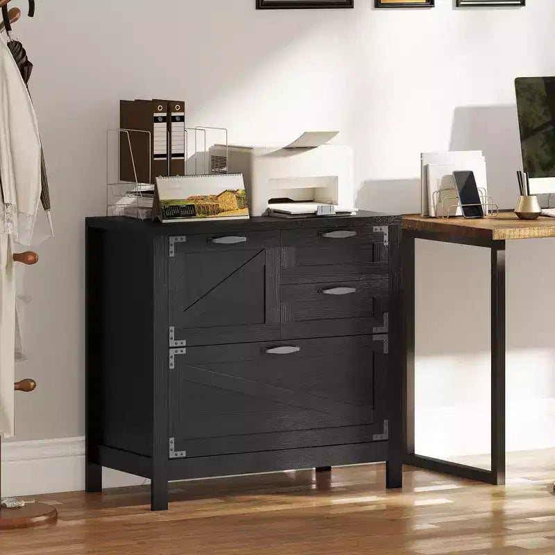 Armadio Classificatore Laterale a 4 Cassetti Stile Fattoria con Venature del Legno Nero