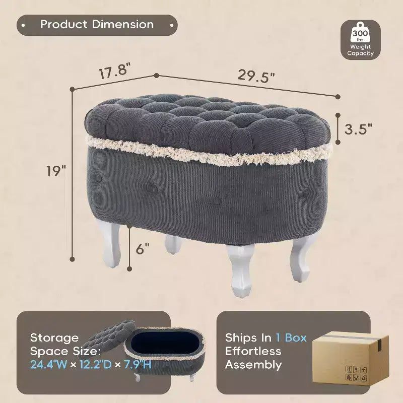 Panca contenitore in velluto a coste blu / grigio / arancione, trapuntata a bottoni, 1 posto