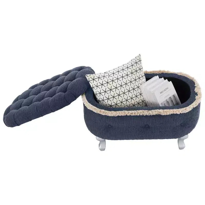 Panca contenitore in velluto a coste blu / grigio / arancione, trapuntata a bottoni, 1 posto