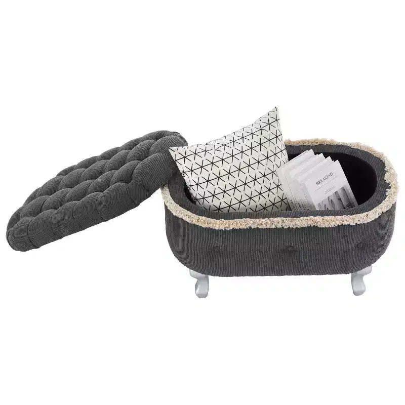 Panca contenitore in velluto a coste blu / grigio / arancione, trapuntata a bottoni, 1 posto