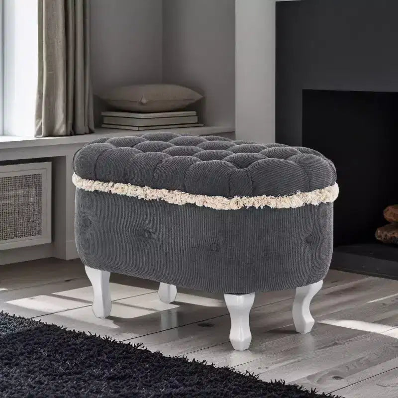 Panca contenitore in velluto a coste blu / grigio / arancione, trapuntata a bottoni, 1 posto