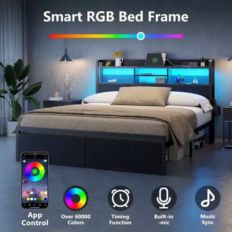 Struttura letto matrimoniale Queen Size in rovere nero con cassetti contenitore, luci LED e stazione di ricarica