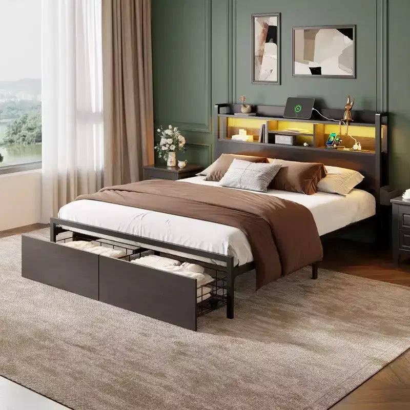 Struttura letto matrimoniale Queen Size in rovere nero con cassetti contenitore, luci LED e stazione di ricarica