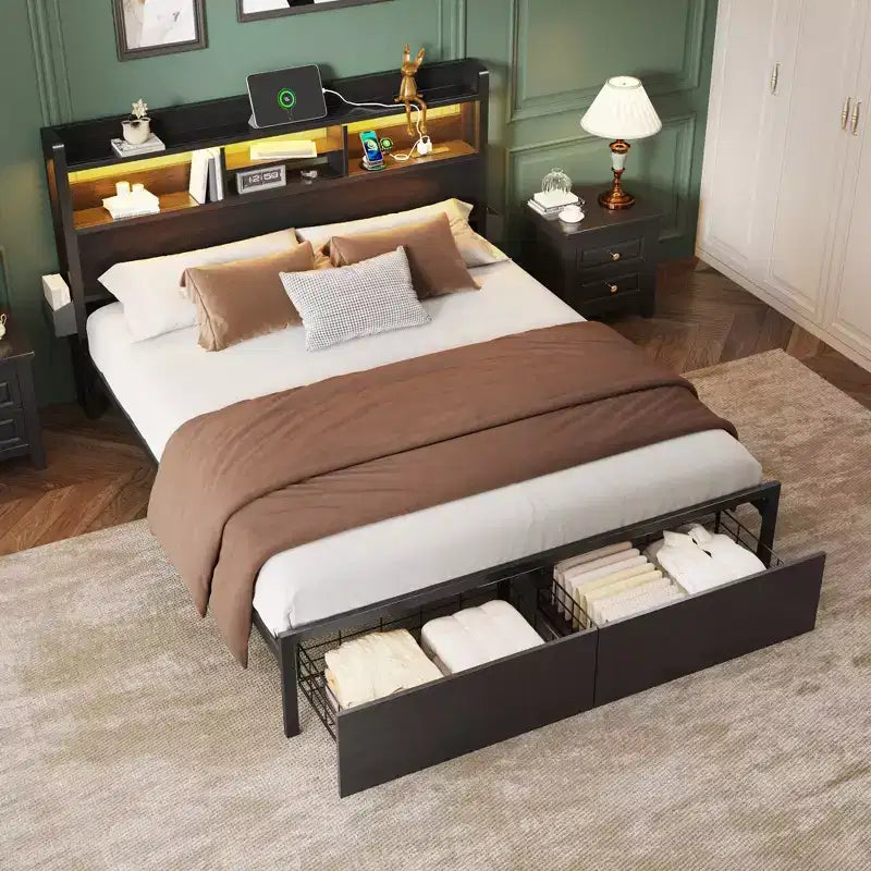 Struttura letto matrimoniale Queen Size in rovere nero con cassetti contenitore, luci LED e stazione di ricarica