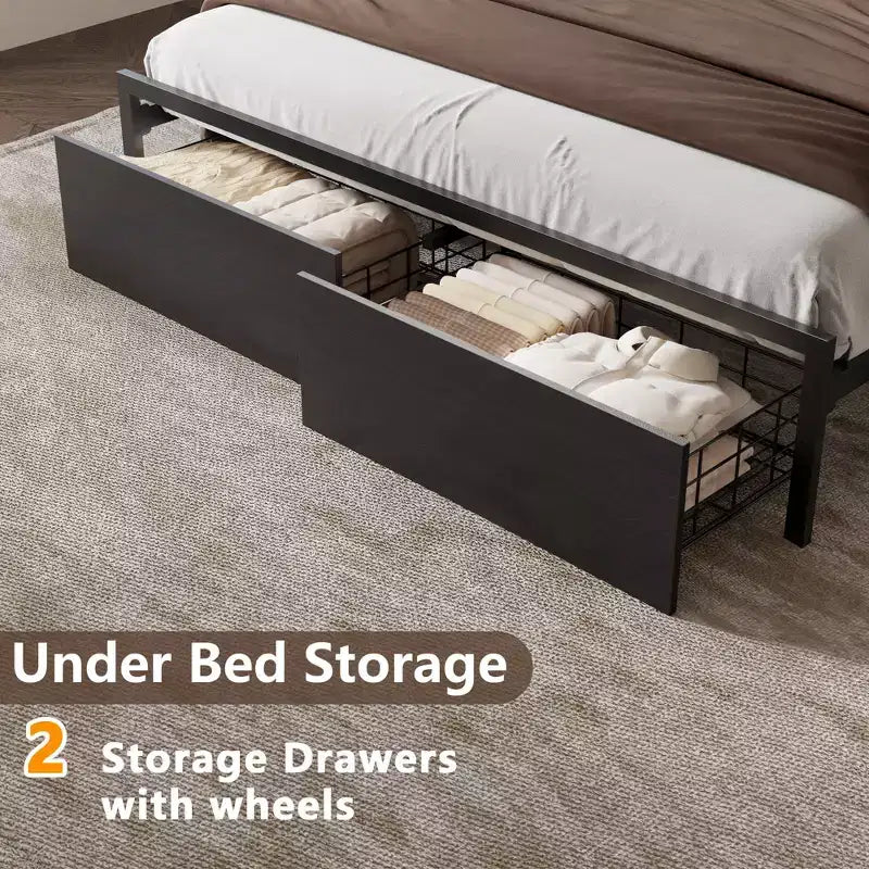 Struttura letto matrimoniale Queen Size in rovere nero con cassetti contenitore, luci LED e stazione di ricarica