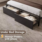 Struttura letto matrimoniale Queen Size in rovere nero con cassetti contenitore, luci LED e stazione di ricarica