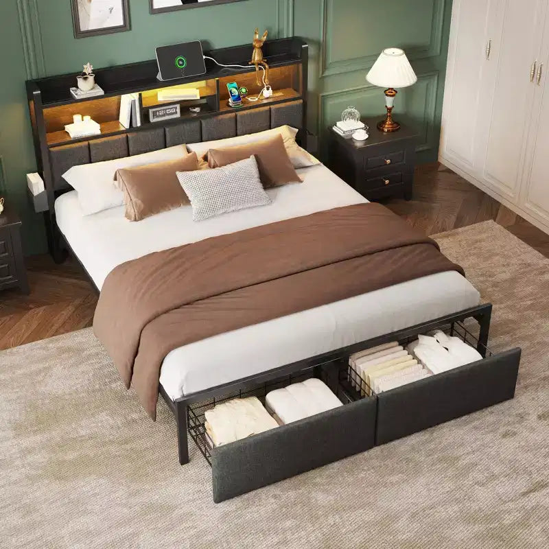Letto a piattaforma Queen Size, Quercia Nera, Imbottito, Posti Letto 1, con Luci LED e Cassetti Contenitore