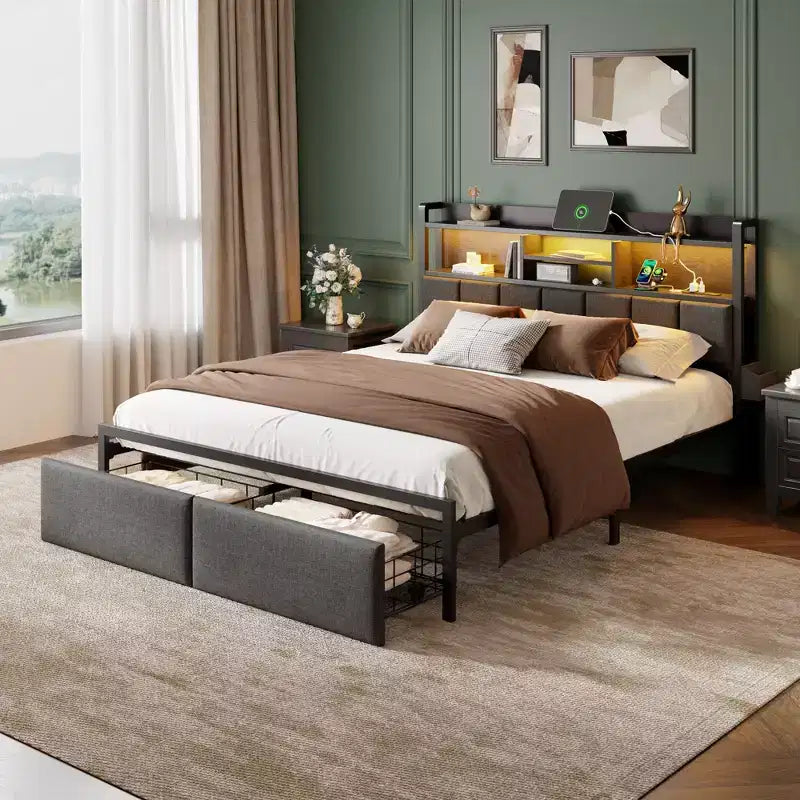 Letto a piattaforma Queen Size, Quercia Nera, Imbottito, Posti Letto 1, con Luci LED e Cassetti Contenitore