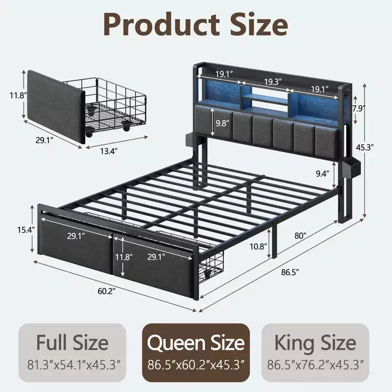 Letto a piattaforma Queen Size, Quercia Nera, Imbottito, Posti Letto 1, con Luci LED e Cassetti Contenitore