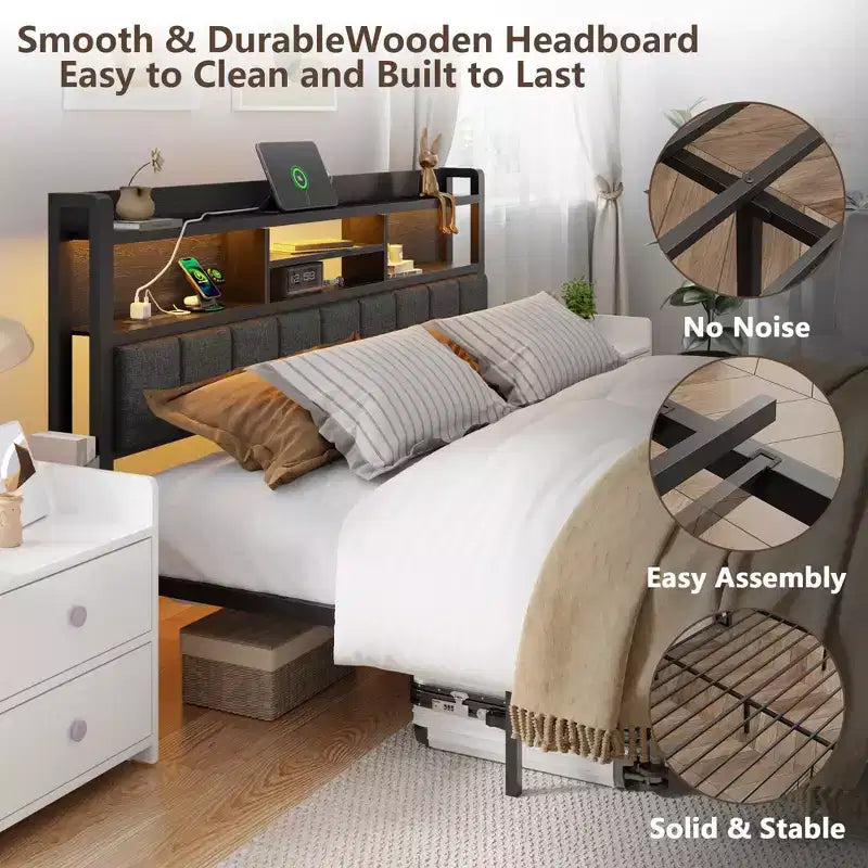 Letto a piattaforma Queen Size, Quercia Nera, Imbottito, Posti Letto 1, con Luci LED e Cassetti Contenitore