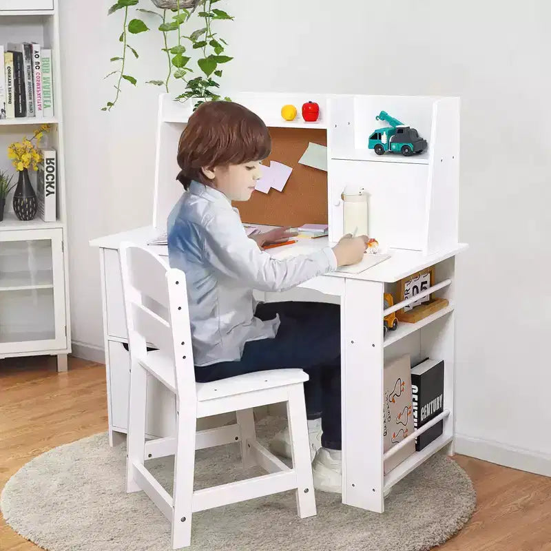 Scrivania e Sedia Bianche per Bambini con Libreria Superiore, 1 Posto