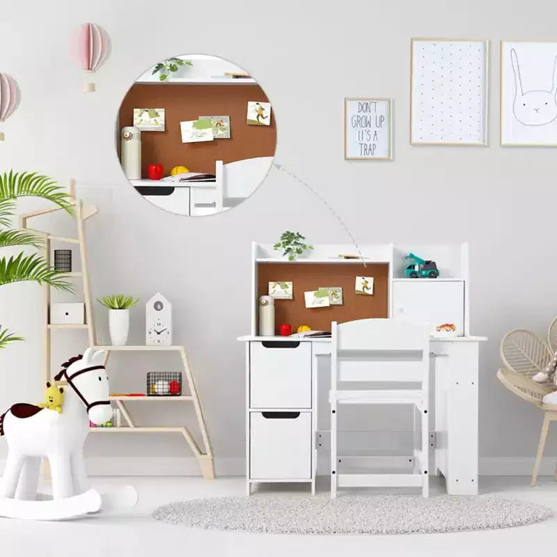 Scrivania e Sedia Bianche per Bambini con Libreria Superiore, 1 Posto