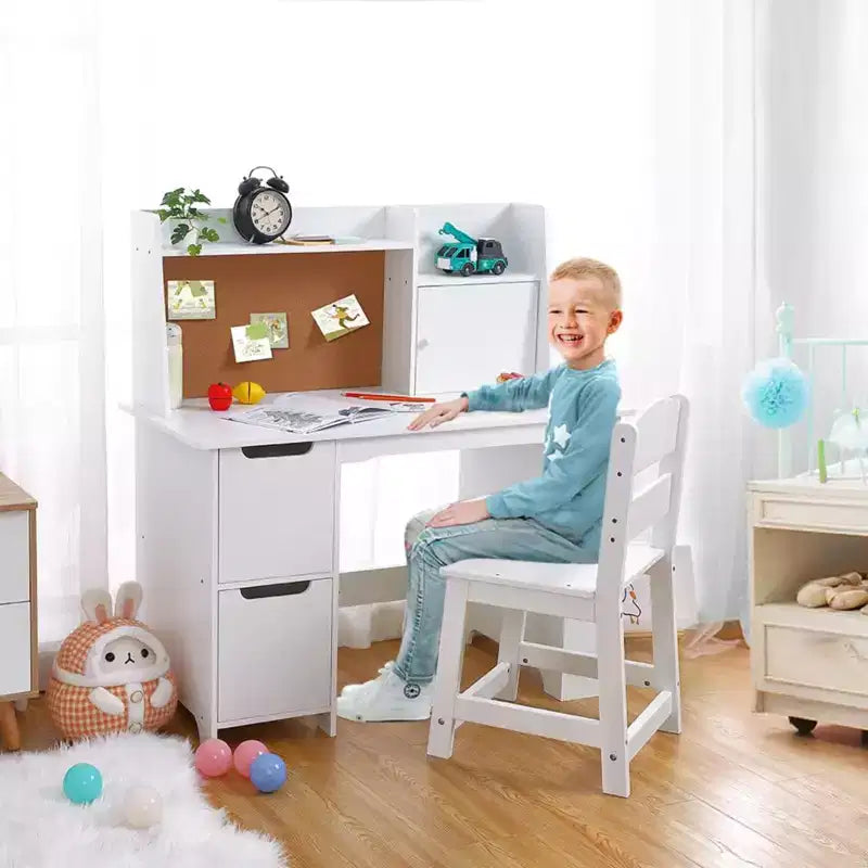Scrivania e Sedia Bianche per Bambini con Libreria Superiore, 1 Posto