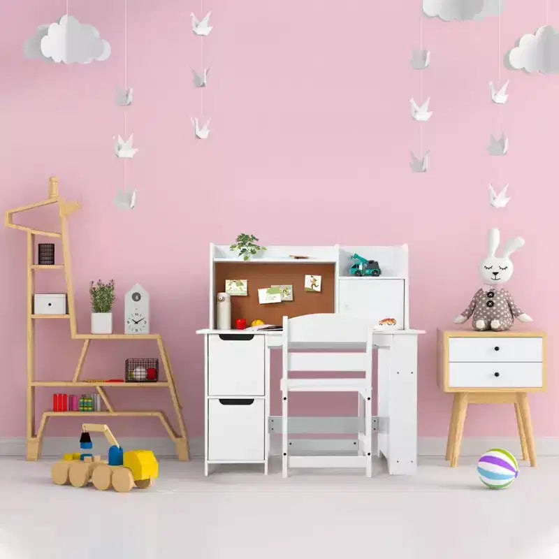 Scrivania e Sedia Bianche per Bambini con Libreria Superiore, 1 Posto