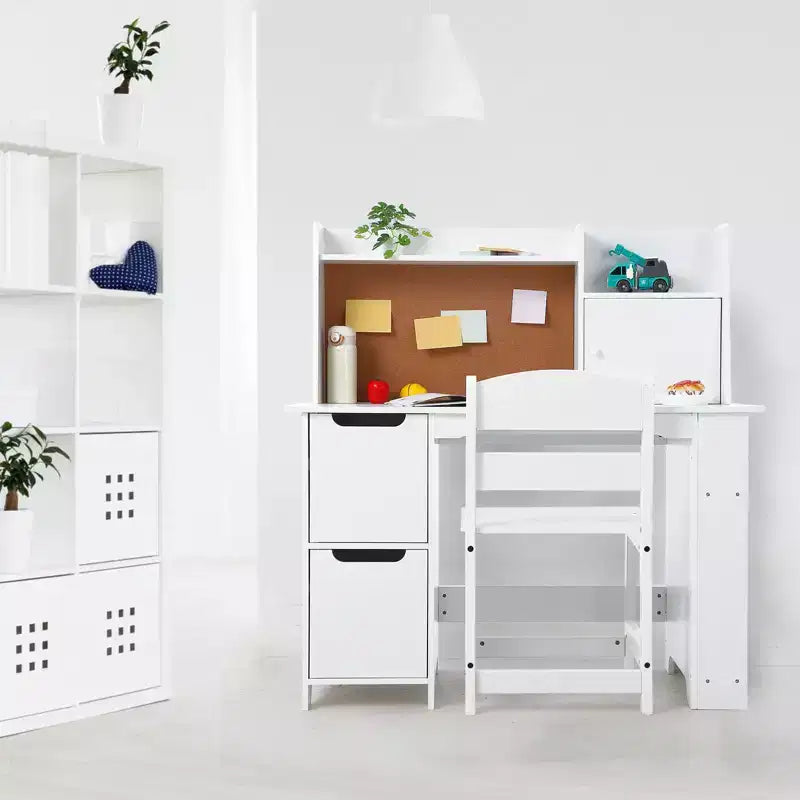 Scrivania e Sedia Bianche per Bambini con Libreria Superiore, 1 Posto