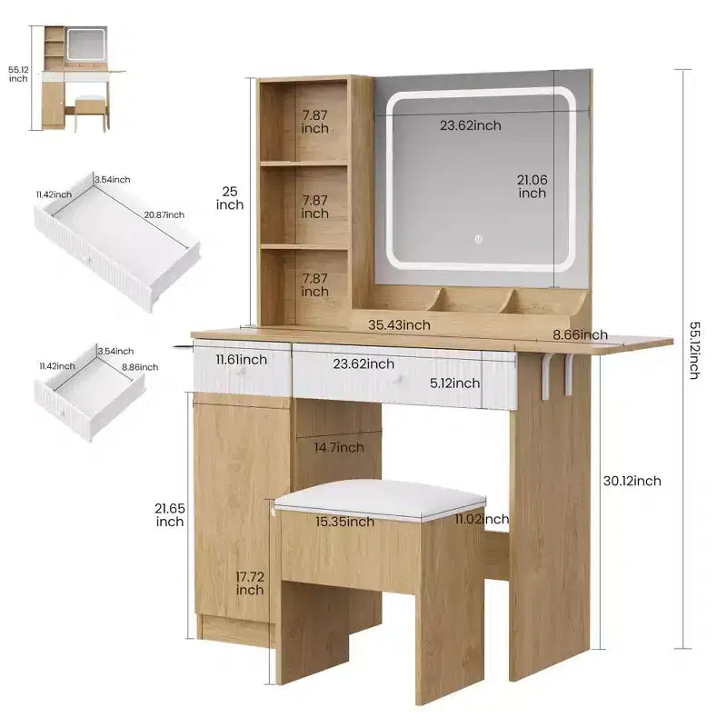 Set Scrivania Toeletta Rettangolare Marrone con Specchio Pieghevole, Sgabello Contenitore e Cassetti, 2 Pezzi, per 1