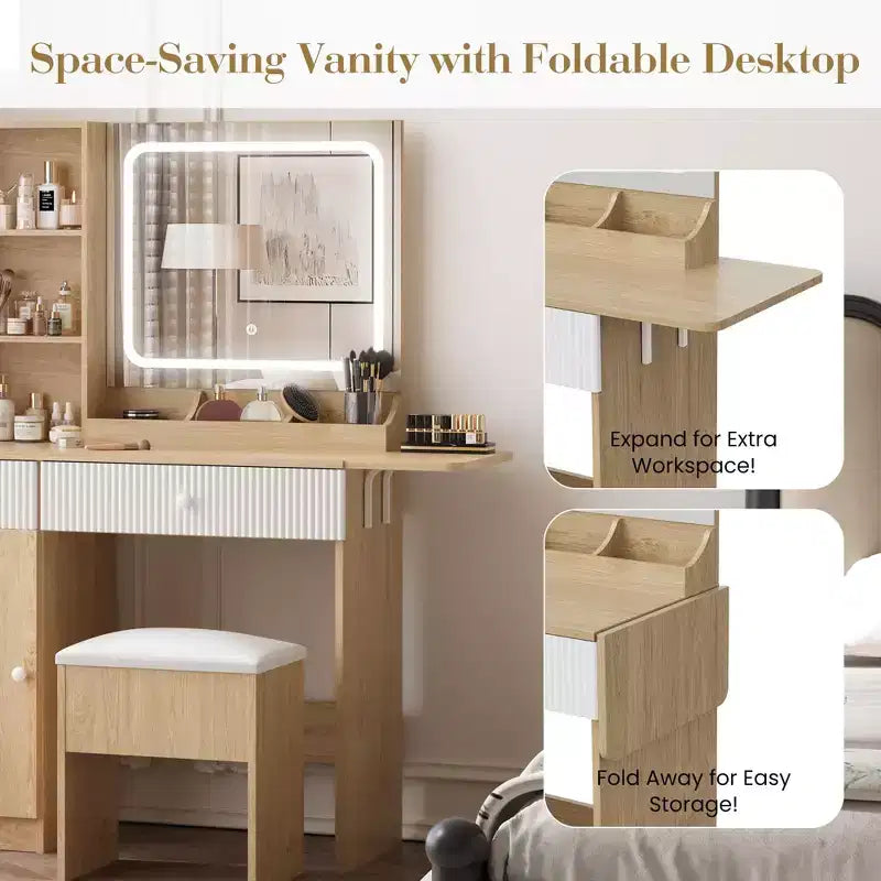 Set Scrivania Toeletta Rettangolare Marrone con Specchio Pieghevole, Sgabello Contenitore e Cassetti, 2 Pezzi, per 1