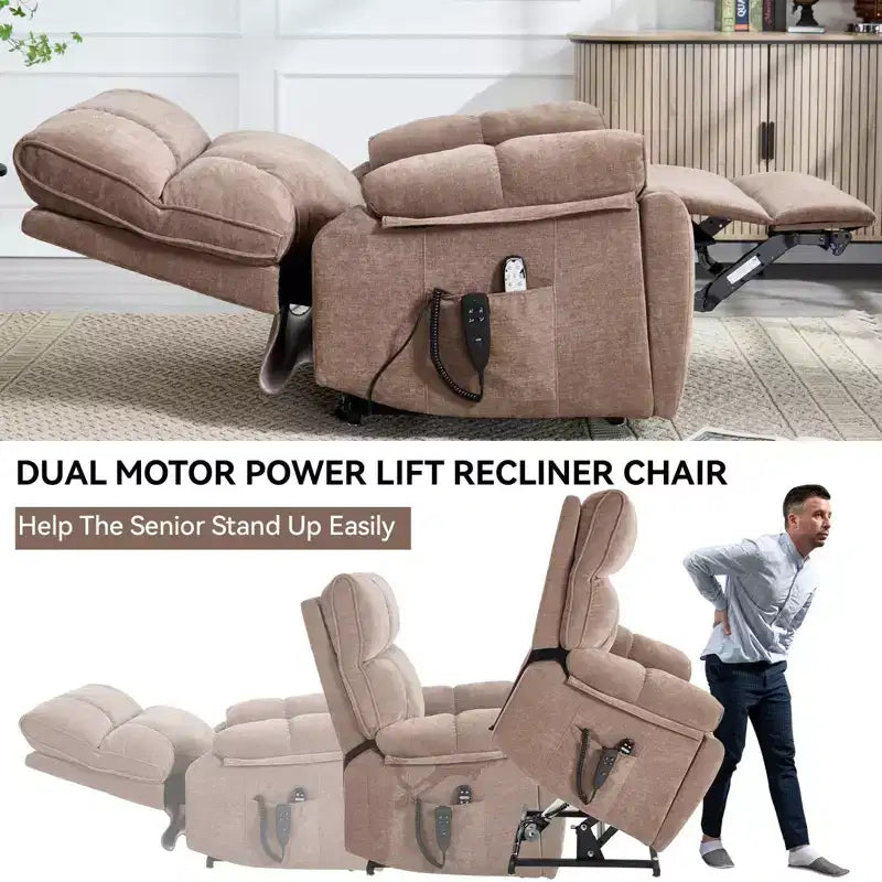 Poltrona reclinabile elettrica grande con sollevatore motorizzato, doppia motorizzazione, con massaggio e riscaldamento in ciniglia beige, posizione infinita, portata fino a 158 kg, con portabicchieri a scomparsa