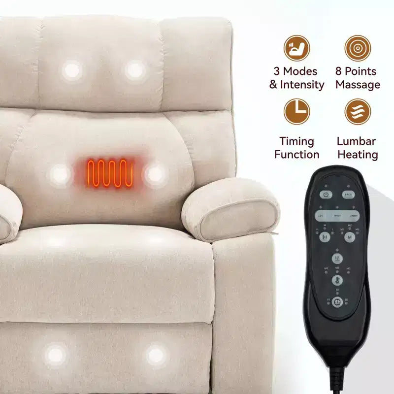 Poltrona reclinabile elettrica grande con sollevatore motorizzato, doppia motorizzazione, con massaggio e riscaldamento in ciniglia beige, posizione infinita, portata fino a 158 kg, con portabicchieri a scomparsa