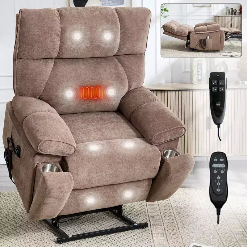 Poltrona reclinabile elettrica grande con sollevatore motorizzato, doppia motorizzazione, con massaggio e riscaldamento in ciniglia beige, posizione infinita, portata fino a 158 kg, con portabicchieri a scomparsa
