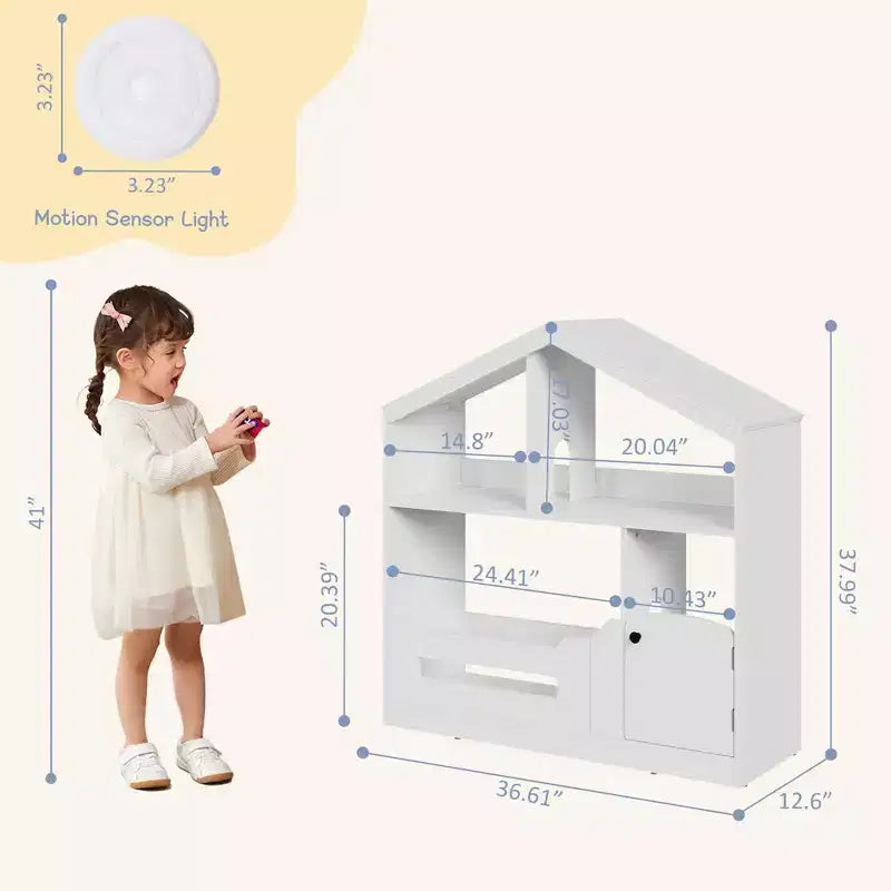Libreria per Bambini a 2 Livelli con Luce a Sensore di Movimento - Scaffale in Legno, Organizer per Giocattoli, Porta Libri per Camerette, Aule, Sale Giochi
