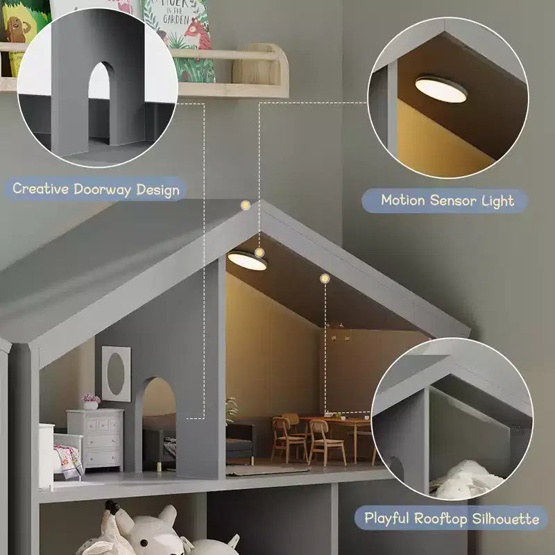 Libreria per Bambini a 2 Livelli con Luce a Sensore di Movimento - Scaffale in Legno, Organizer per Giocattoli, Porta Libri per Camerette, Aule, Sale Giochi