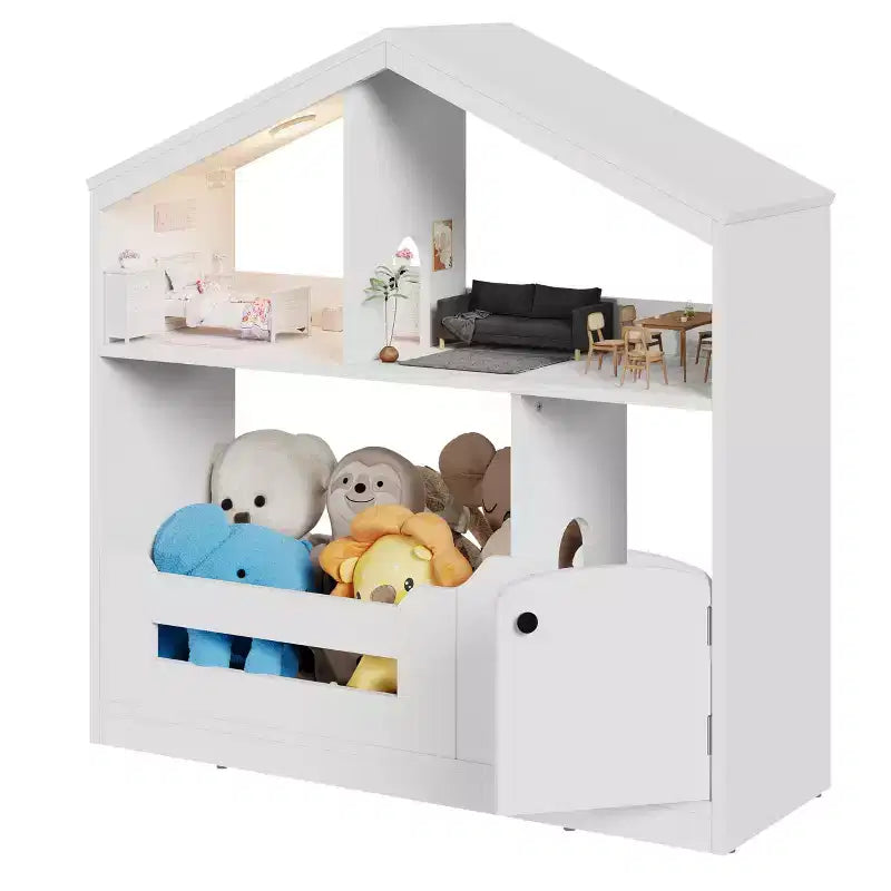 Libreria per Bambini a 2 Livelli con Luce a Sensore di Movimento - Scaffale in Legno, Organizer per Giocattoli, Porta Libri per Camerette, Aule, Sale Giochi