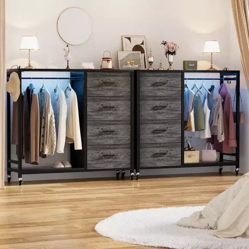 Besiost Appendiabiti, Cassettiere con Stazione di Ricarica e Luce a LED, Comodino a 4 Cassetti per Camera da Letto