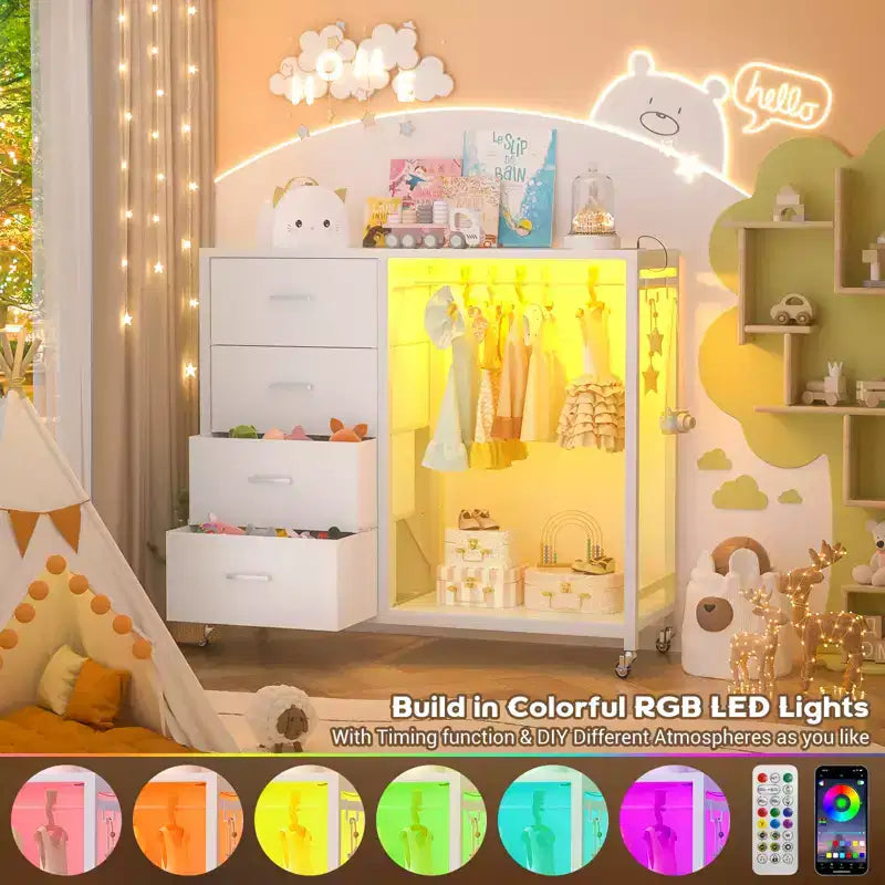 Besiost Appendiabiti, Cassettiere con Stazione di Ricarica e Luce a LED, Comodino a 4 Cassetti per Camera da Letto