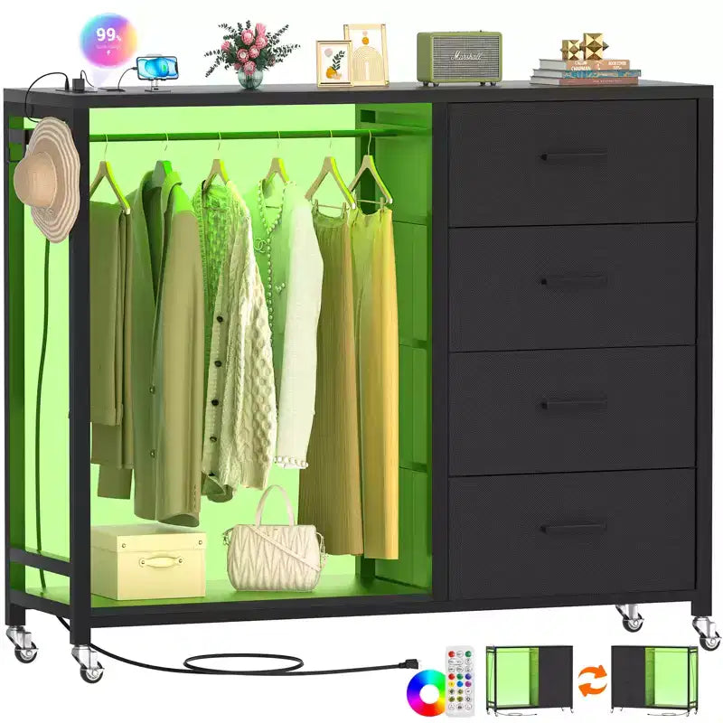 Besiost Appendiabiti, Cassettiere con Stazione di Ricarica e Luce a LED, Comodino a 4 Cassetti per Camera da Letto