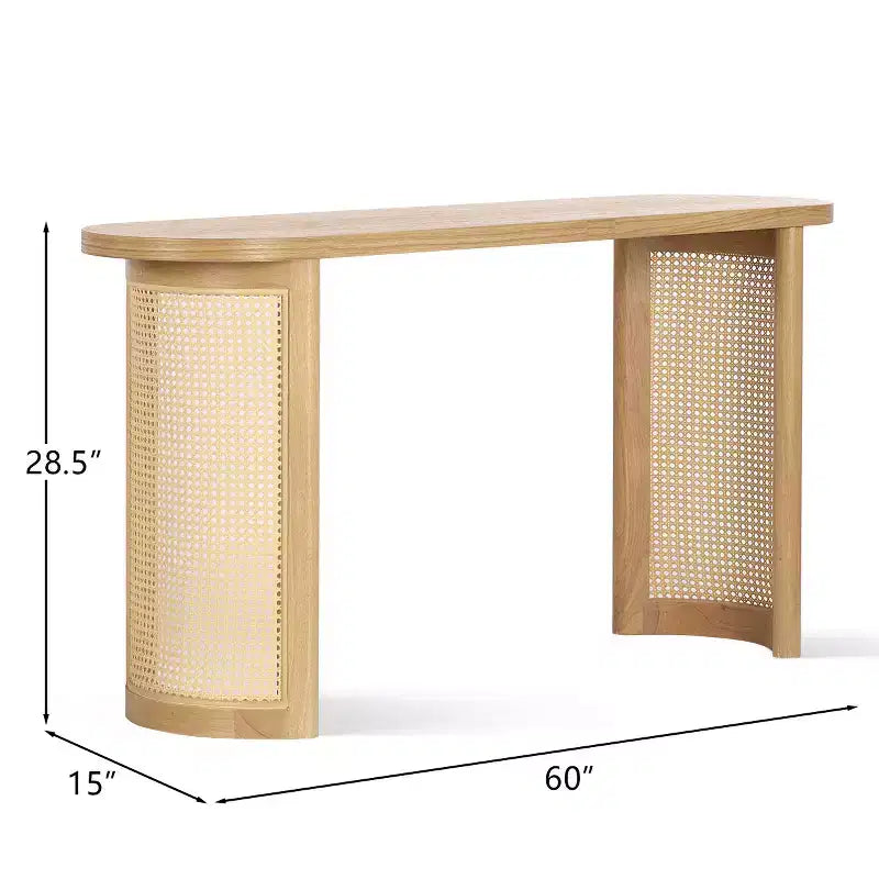 Consolle Ovale da 60 con Gambe a Piedistallo in Rattan, Tavolino Stretto da Divano Moderno per Ingresso, Soggiorno e Foyer - Panipeachy