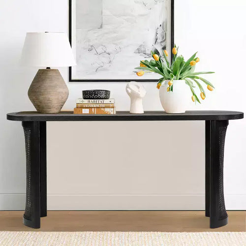 Consolle Ovale da 60 con Gambe a Piedistallo in Rattan, Tavolino Stretto da Divano Moderno per Ingresso, Soggiorno e Foyer - Panipeachy